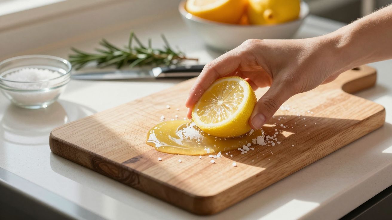 Mão espreme limão numa tábua de madeira, com sal grosso e alecrim ao lado.
