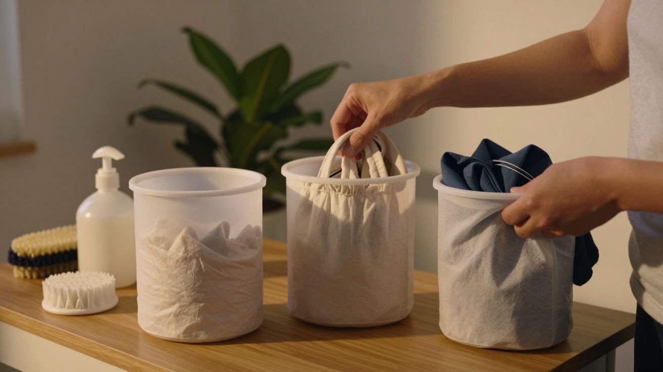 Pessoa organiza roupas em cestos de tecido sobre mesa, com plantas e produtos de limpeza ao fundo.