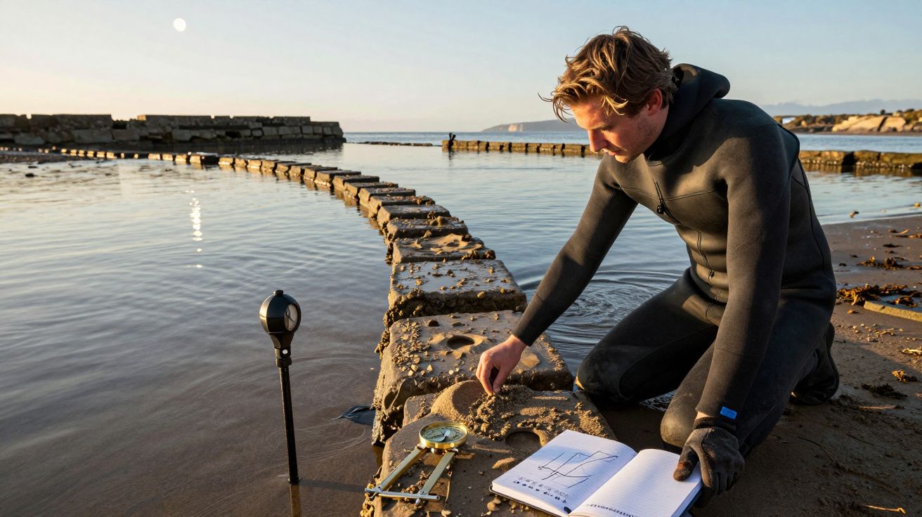 Homem de fato de mergulho analisa areia na praia com bloco de notas e bússola, ao lado de ruínas no mar.