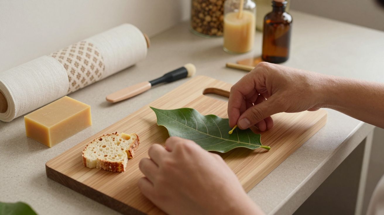 Mãos arranjam folha verde numa tábua de cortar com fatia de pão e pedaço de cera; objetos de cozinha ao fundo.