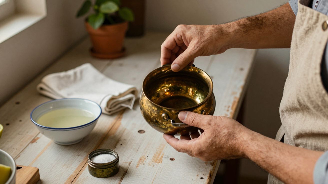 Pessoa segurando uma tigela dourada em mesa de madeira, com toalha, tigela de água e planta ao fundo.