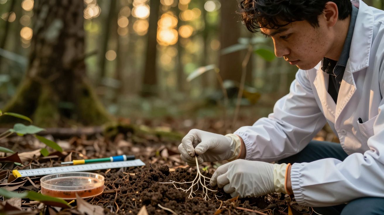 Investigador com luvas e bata analisa raízes na floresta, com medidor e caixa de Petri ao lado.