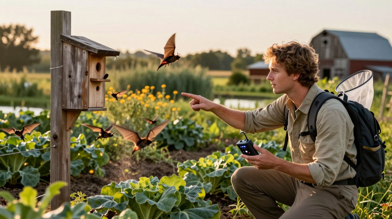 Homem observa morcegos a voar perto de uma caixa-ninho num campo cultivado, ao nascer do sol.
