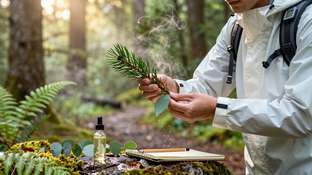 Pessoa em floresta admirando ramo verde, com frasco de óleo essencial, caderno e mochila, sob luz suave do sol.
