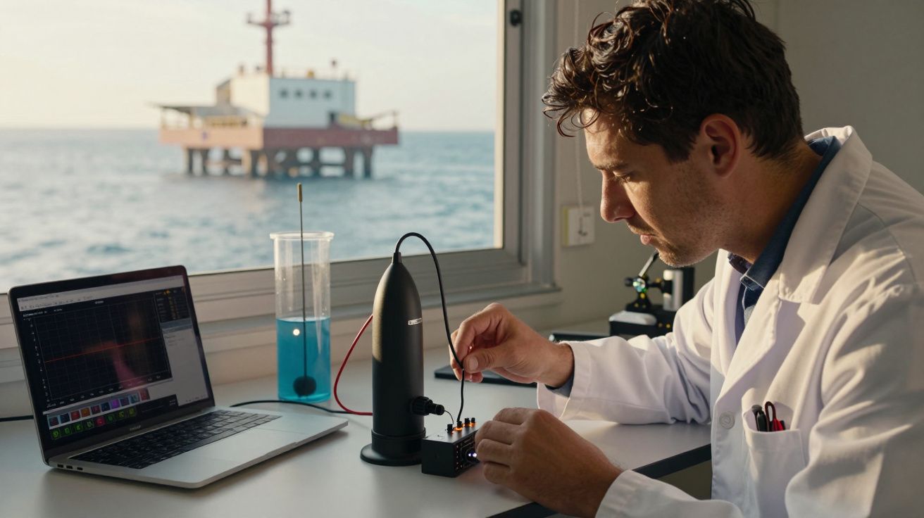 Cientista de bata branca trabalha num laboratório com vista para o mar, usando computador e equipamento científico.