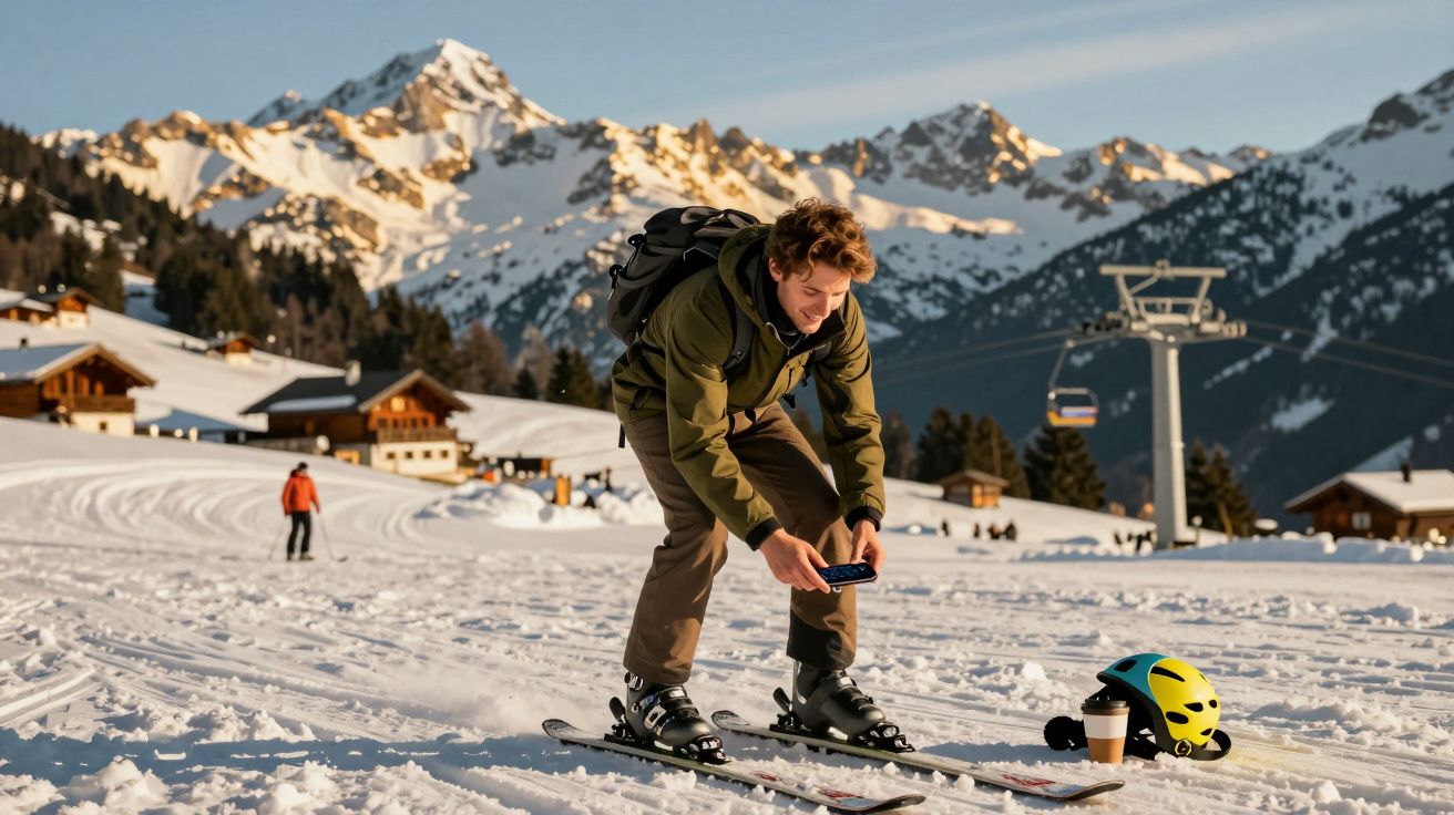 Homem a esquiar nas montanhas, tira foto com telemóvel. Capacete e café na neve ao lado. Casario e teleférico ao fundo.