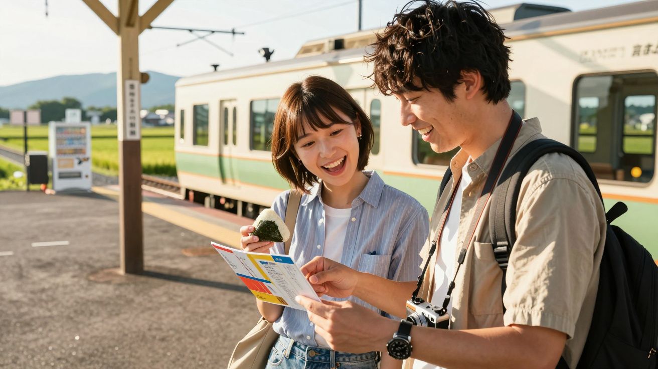 Casal feliz examina mapa em estação de comboios ensolarada, mulher segura onigiri e homem segura câmara fotográfica.