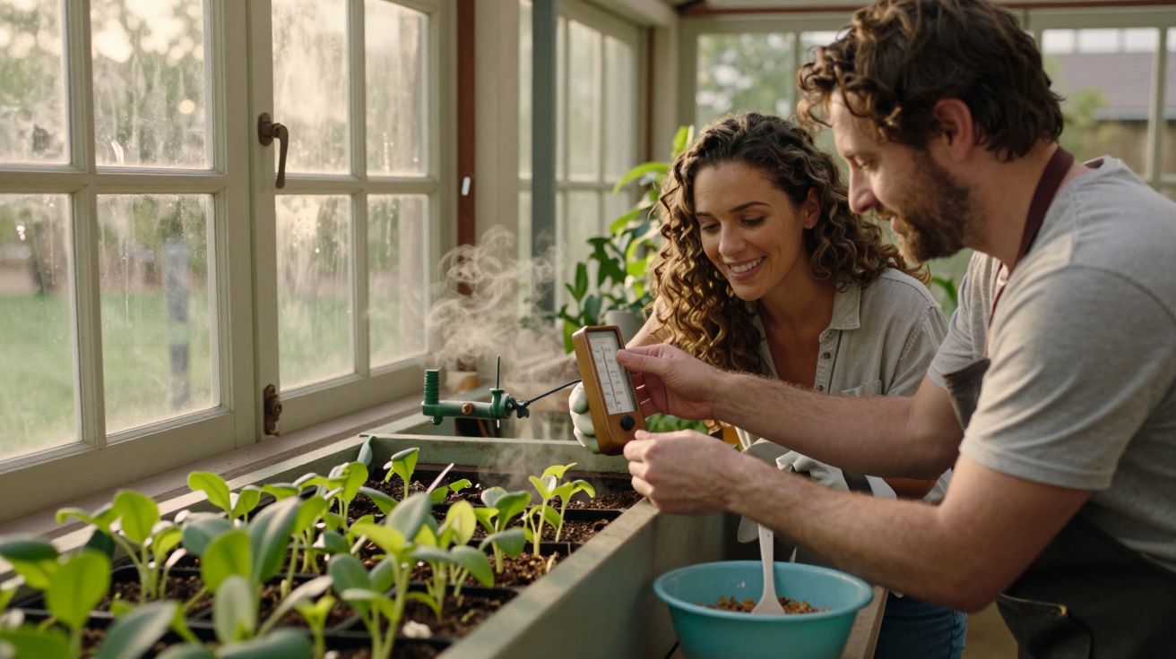 Casal a cuidar de plantas num jardim interior, verificando a temperatura com um termómetro.