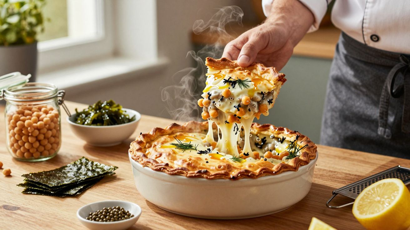 Pessoa a servir uma porção de tarte salgada com massa estaladiça e recheio de queijo derretido e grão-de-bico.