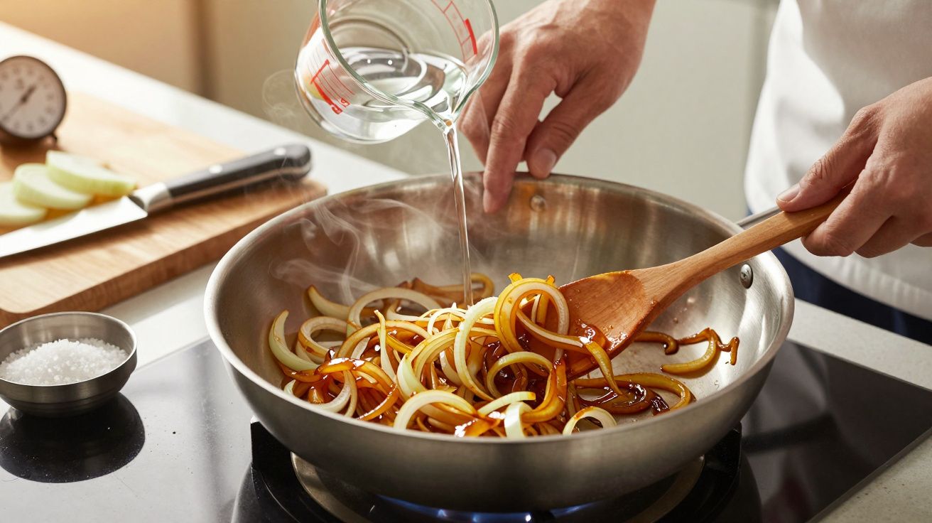 Pessoa a cozinhar cebolas numa frigideira, adicionando água de um copo medidor em fogão, com faca e ingredientes ao lado.