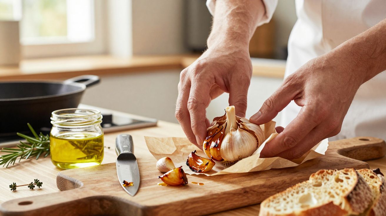 Mãos descascando alho numa tábua, com azeite, pão e alecrim ao lado.