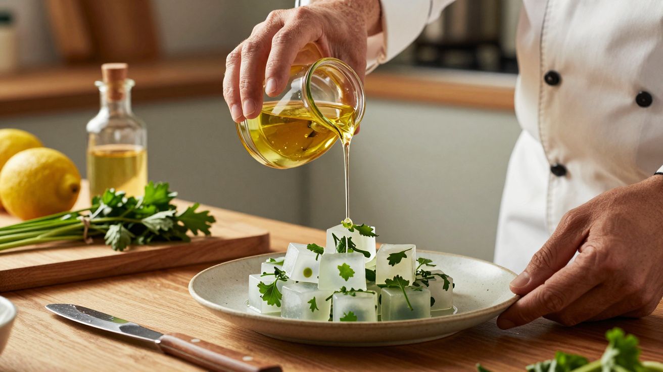 Chef a regar cubos de gelo com azeite em prato, rodeado de ervas frescas e limões na cozinha.