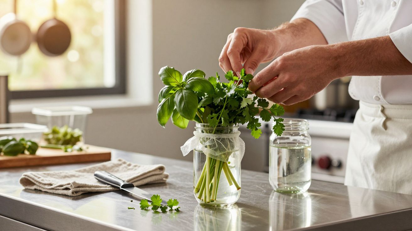 Chef arruma ervas frescas em frascos de vidro numa cozinha iluminada pelo sol.