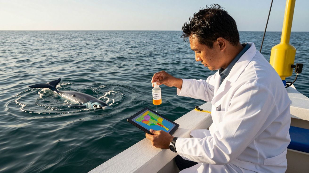 Cientista recolhe amostra de água em barco, usando tablet, enquanto golfinho nada por perto no mar.