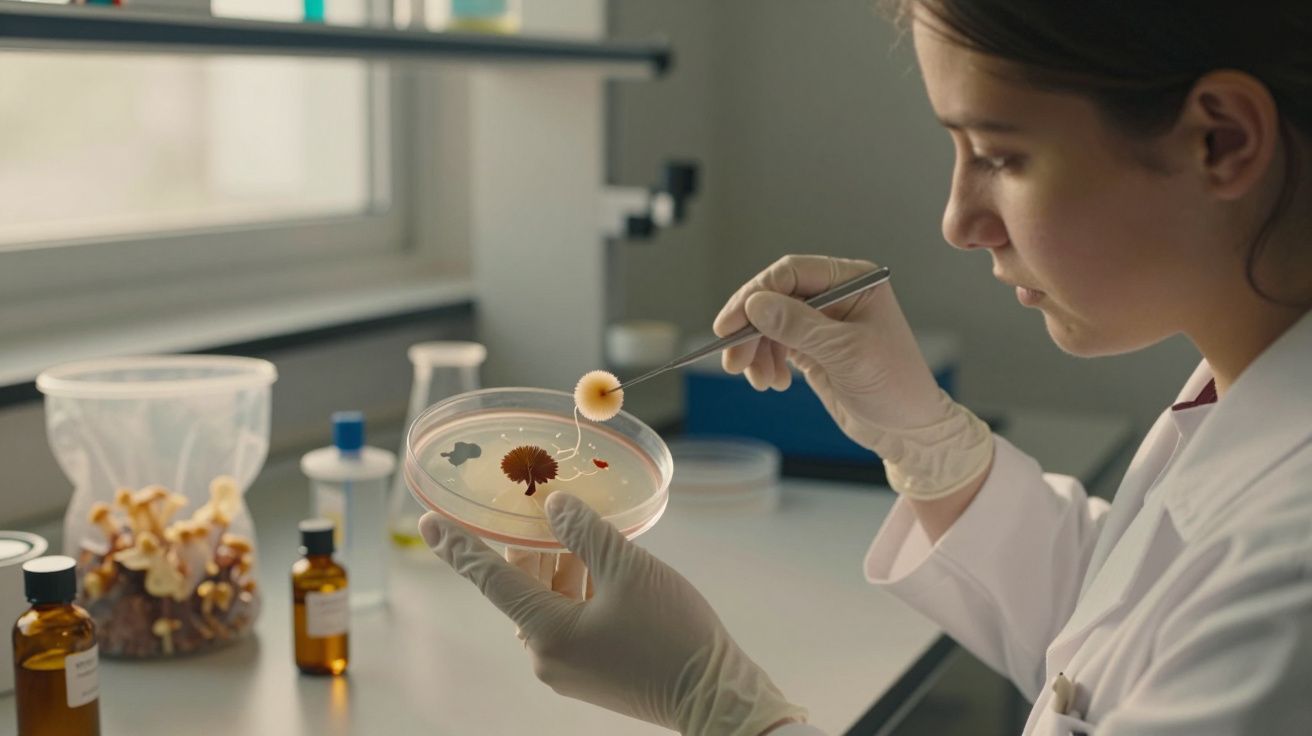 Cientista examina placa de Petri com colónias de fungos num laboratório.