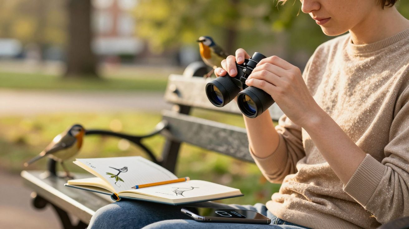 Pessoa observando aves no parque com binóculos e livro de desenhos, sentada num banco com passarinhos ao lado.