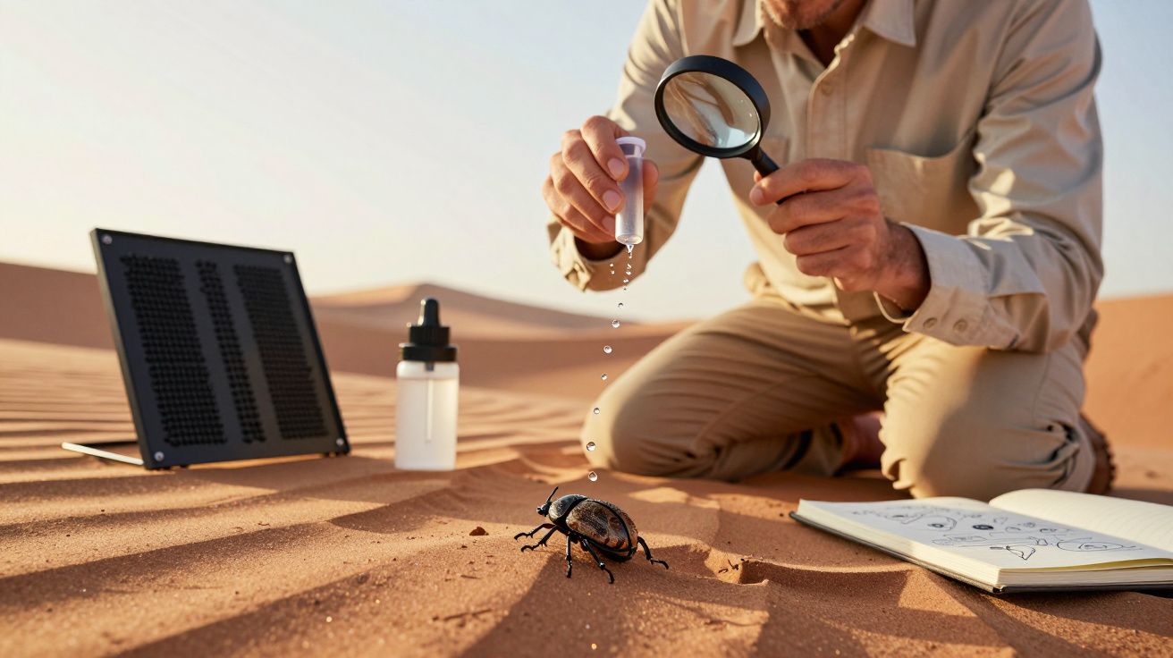 Pessoa a observar um inseto no deserto com lupa e conta-gotas, bloco de notas e frascos ao lado na areia.