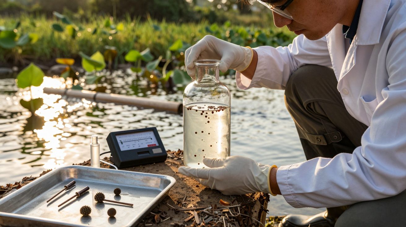 Cientista coleta amostra de água em frasco à beira de um lago, usando luvas e instrumentos de análise.