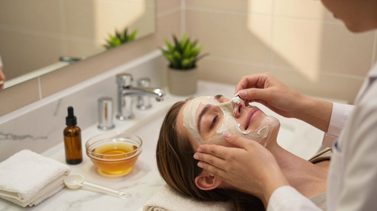 Esteticista aplicando máscara facial branca em mulher deitada em spa com toalhas e produtos de beleza ao redor.