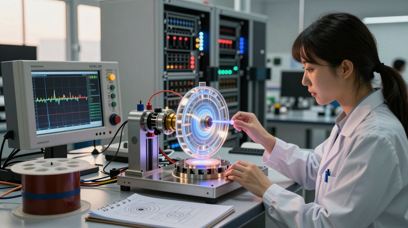 Cientista analisa dispositivo circular iluminado em laboratório com equipamento de monitorização e notas sobre a mesa.