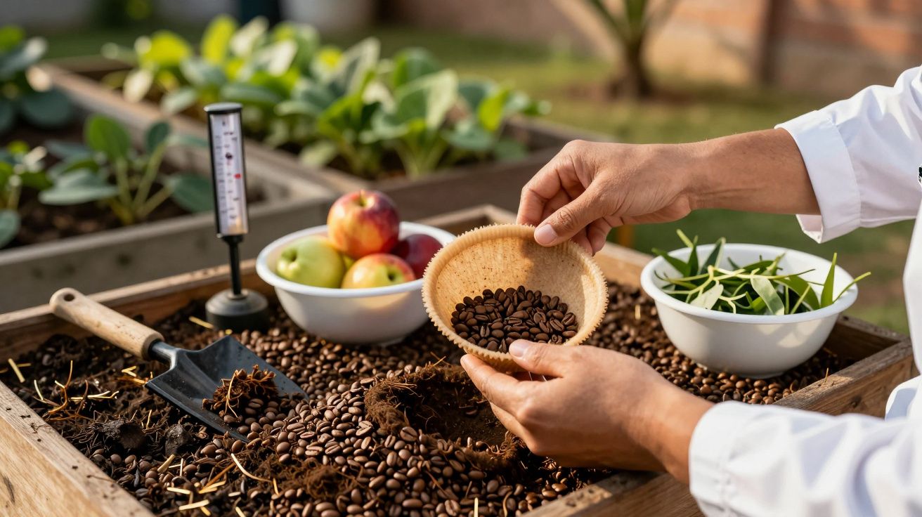 Mãos seguram sementes de café sobre solo em horta, com tigelas de frutas e legumes ao fundo.