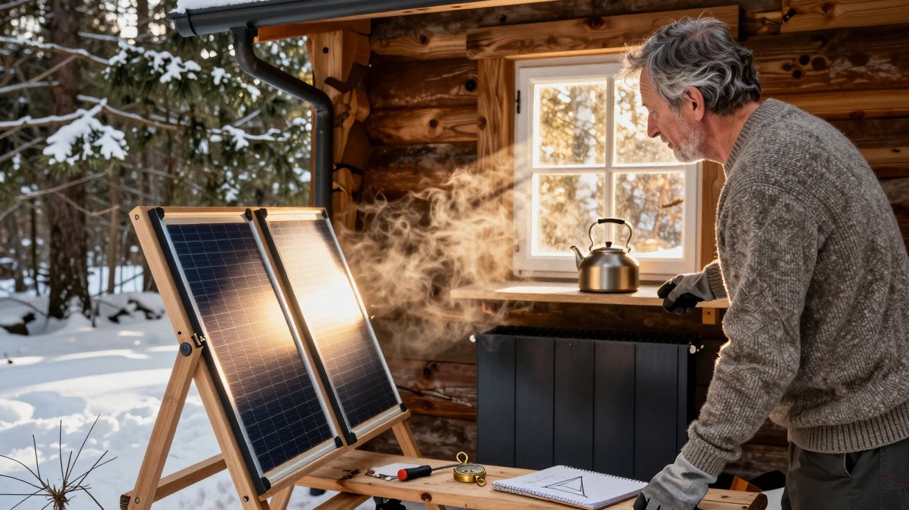 Homem observa painéis solares em cabana de madeira coberta de neve, com chaleira ao lado da janela.