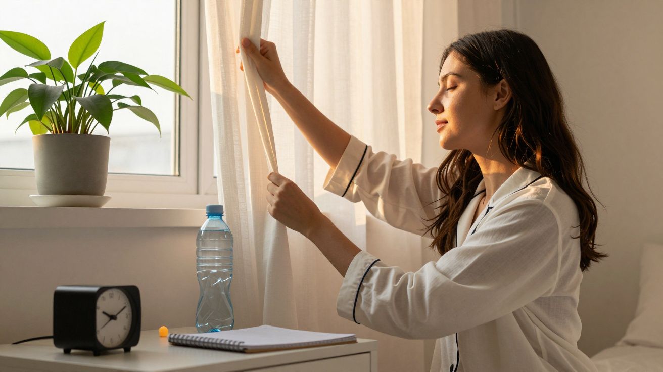 Mulher abre cortina ao lado de uma janela com planta e garrafa de água, cedo pela manhã.