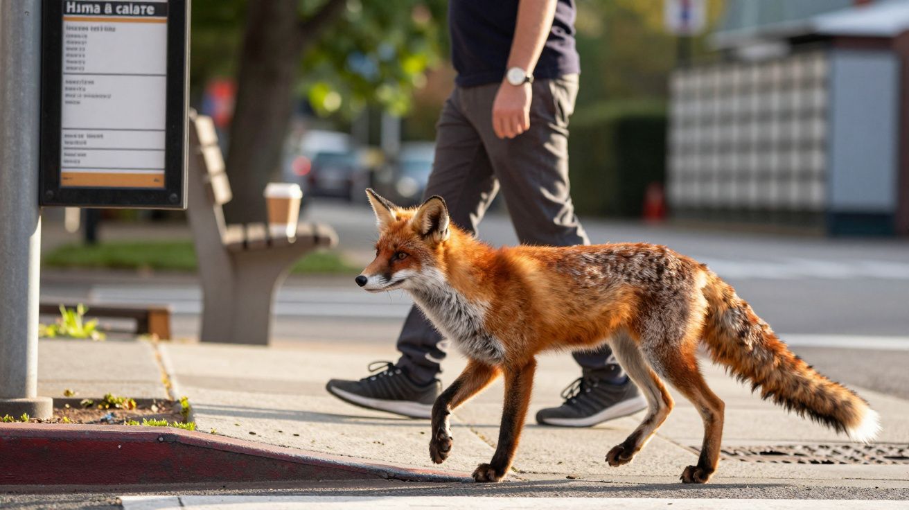 Raposa a atravessar a rua ao lado de uma pessoa, com um banco de jardim e uma árvore ao fundo.