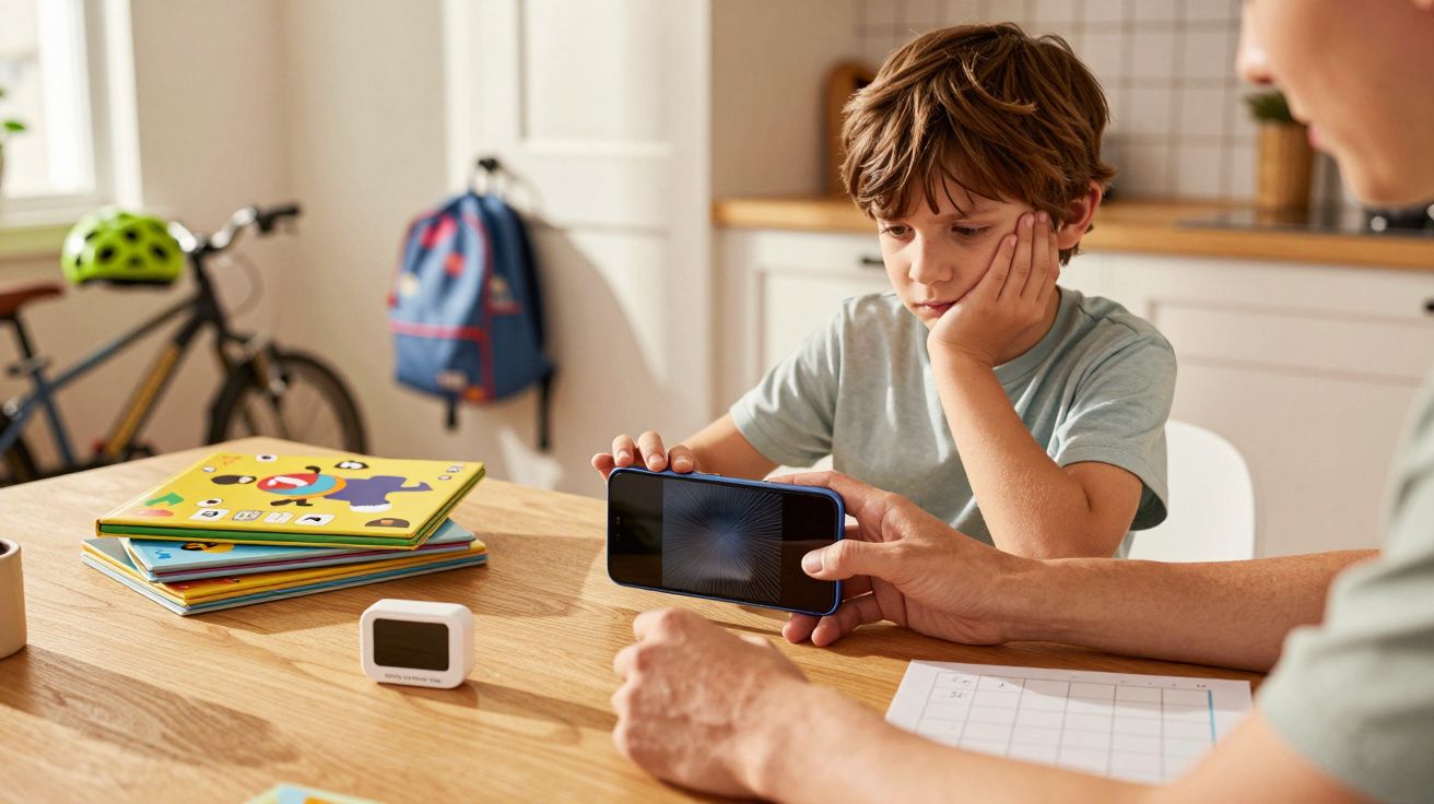 Criança entediada olha para um tablet, enquanto adulto o segura. Livros e bicicleta ao fundo.