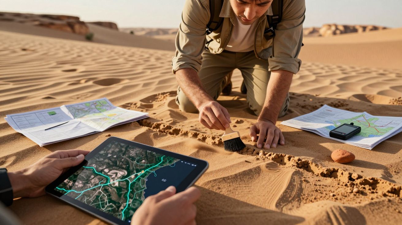 Homem ajoelhado no deserto, examinando areia com pincel. Ao redor, mapas, tablet e smartphone.