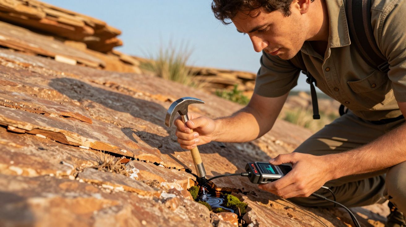 Homem analisa rocha com martelo e dispositivo de medição em paisagem árida.