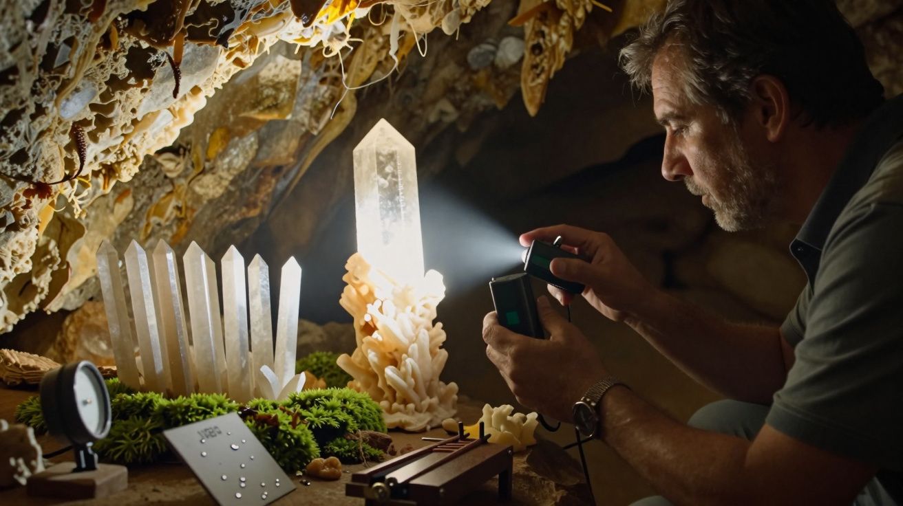 Homem examina cristais de quartzo numa caverna, iluminando-os com uma lanterna.