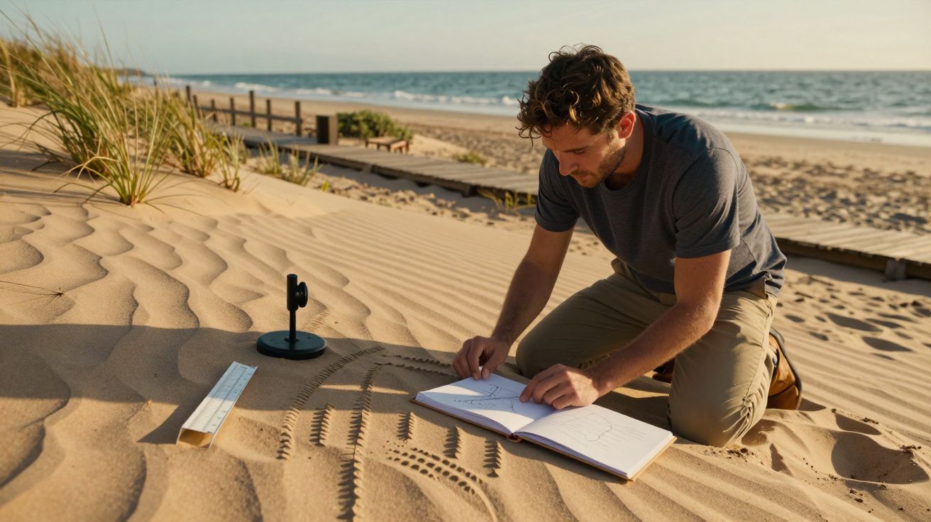 Homem a desenhar na areia, sentado numa praia, com bloco de notas.