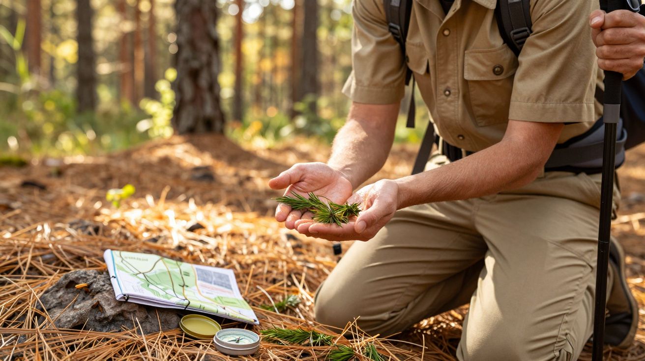 Homem de uniforme ajoelhado na floresta, segurando ramos de pinho. Mapa e bússola no chão entre folhas secas.