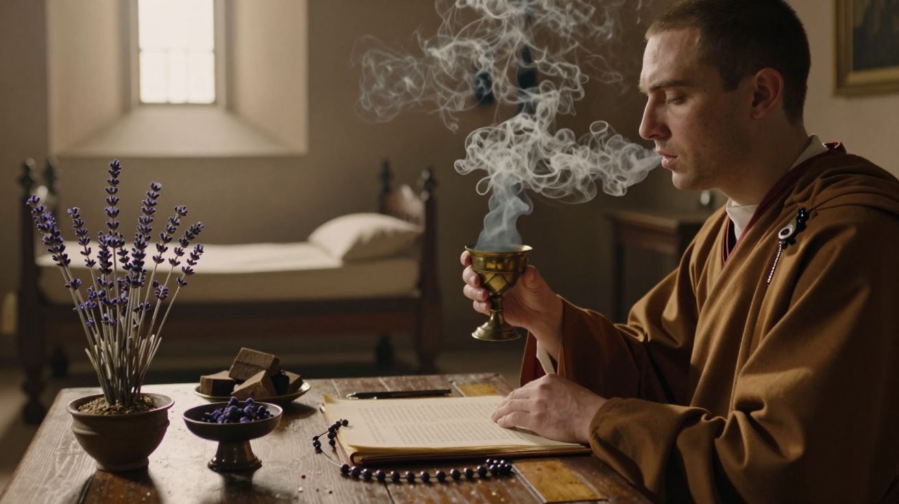 Monge em hábito marrom segura cálice com fumo, sentado à mesa com livro, rosário e arranjo de lavanda numa cela monástica.
