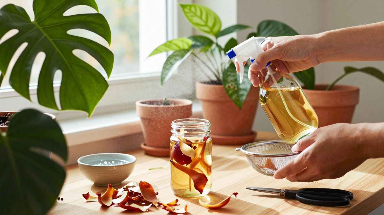Mãos preparam mistura líquida com pétalas num frasco, rodeado por plantas e utensílios de cozinha numa janela iluminada.