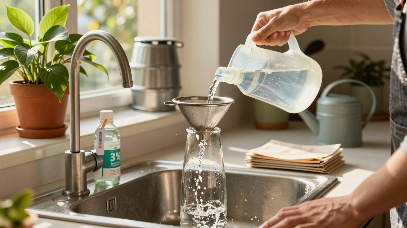 Pessoa a verter água num funil sobre um frasco na pia da cozinha. Plantas e utensílios no fundo.