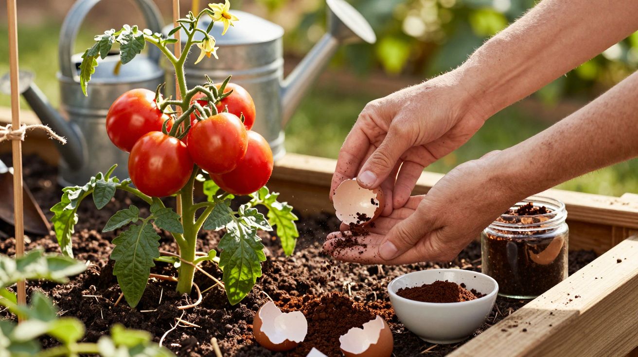 Mãos adicionam cascas de ovo e borras de café a um canteiro com planta de tomate; regador no fundo.