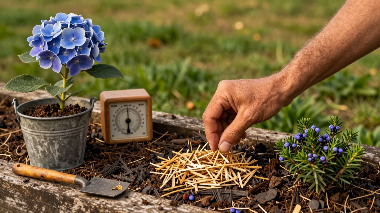 Mão adulta coloca palitos de madeira num canteiro com uma hortênsia azul e um relógio de madeira ao lado.