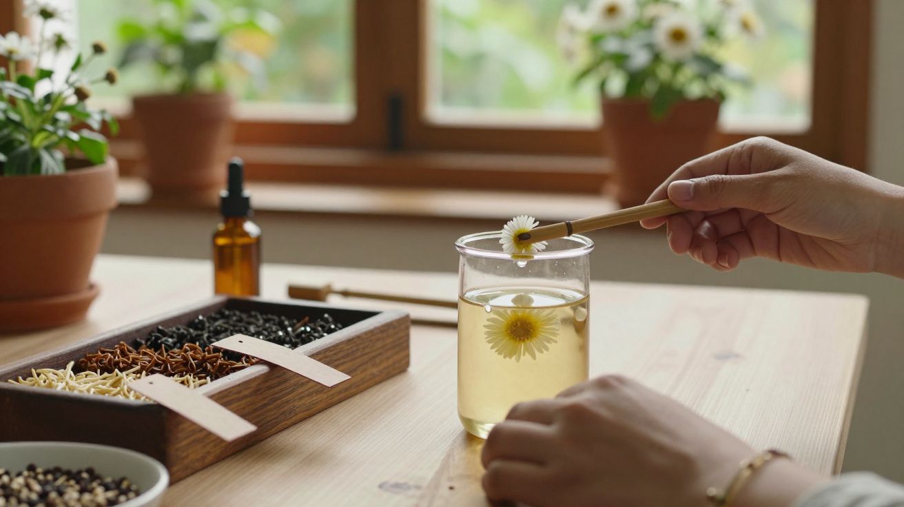 Mão colocando flor numa infusão com plantas em vasos e frascos no fundo, numa mesa de madeira.