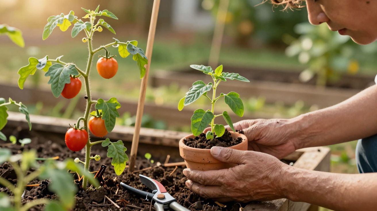 Pessoa planta tomateiro em vaso num jardim, com tomates maduros ao lado.