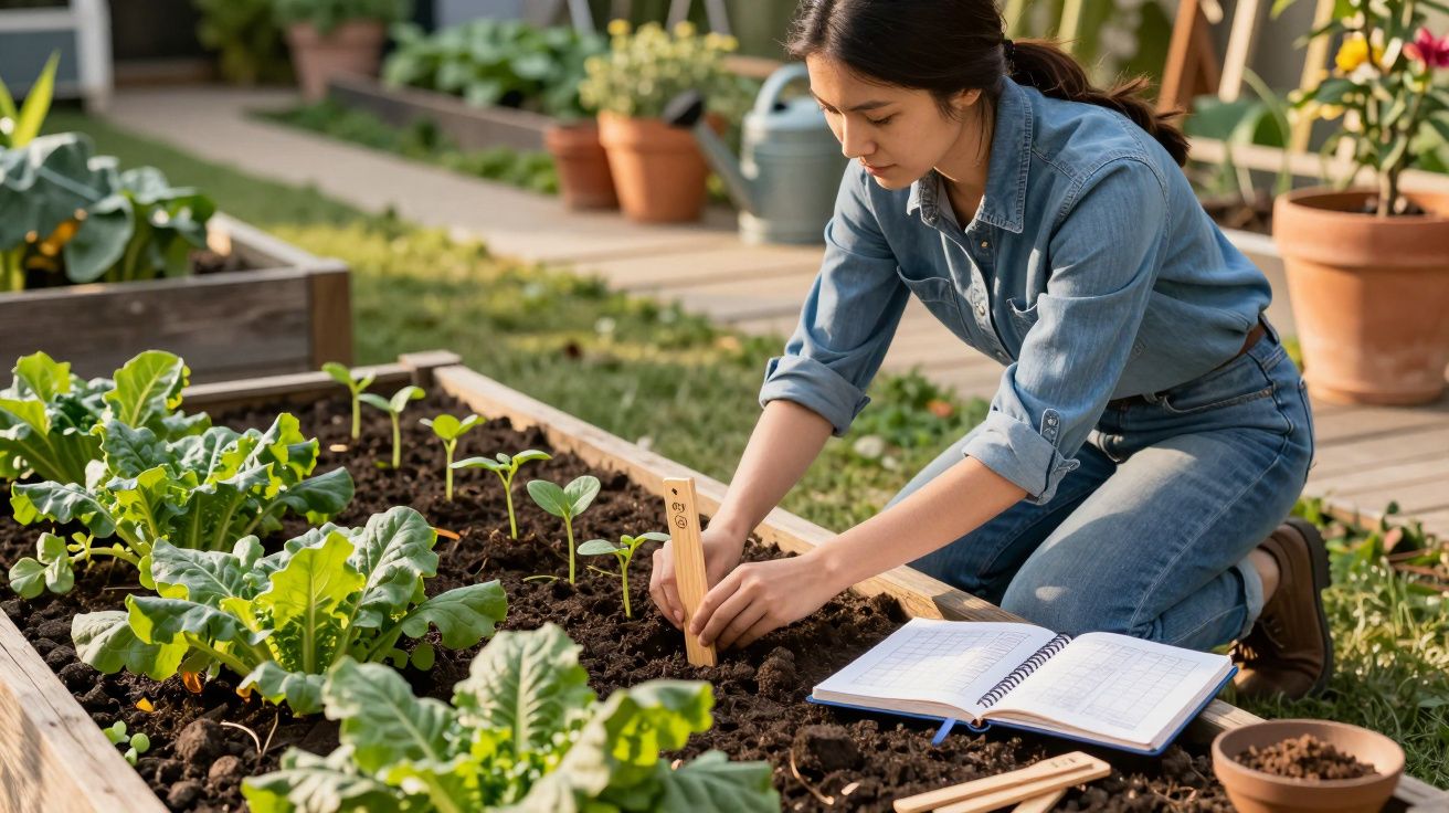Mulher jardinando em horta comunitária, plantando mudas e usando um caderno para anotações.