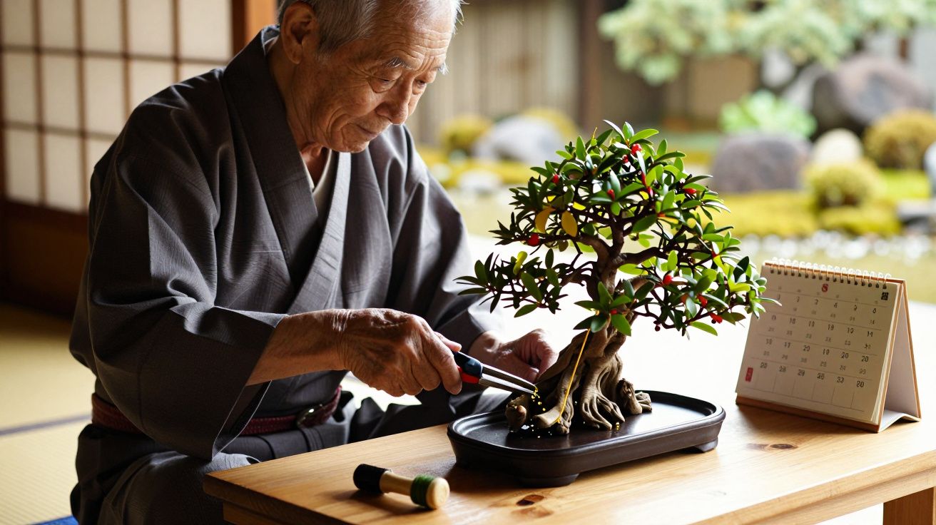 Idoso de quimono cuida de um bonsai em mesa de madeira, ao lado de um calendário.
