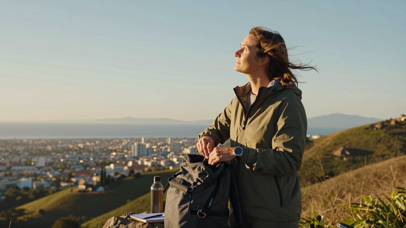 Mulher em roupa de caminhada aprecia a vista de cidade ao amanhecer, ao lado de uma mochila e garrafa.