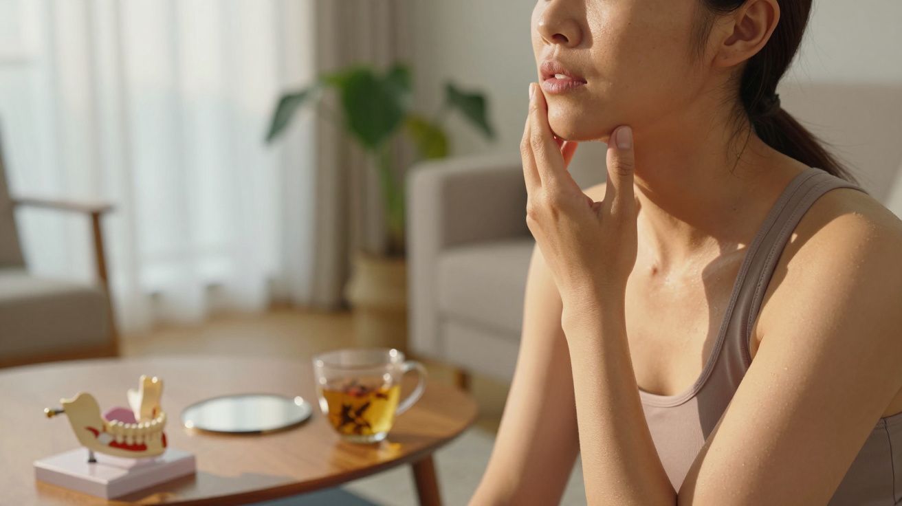 Mulher toca o rosto pensativa, com modelo de dentes e chá na mesa de madeira em sala iluminada.