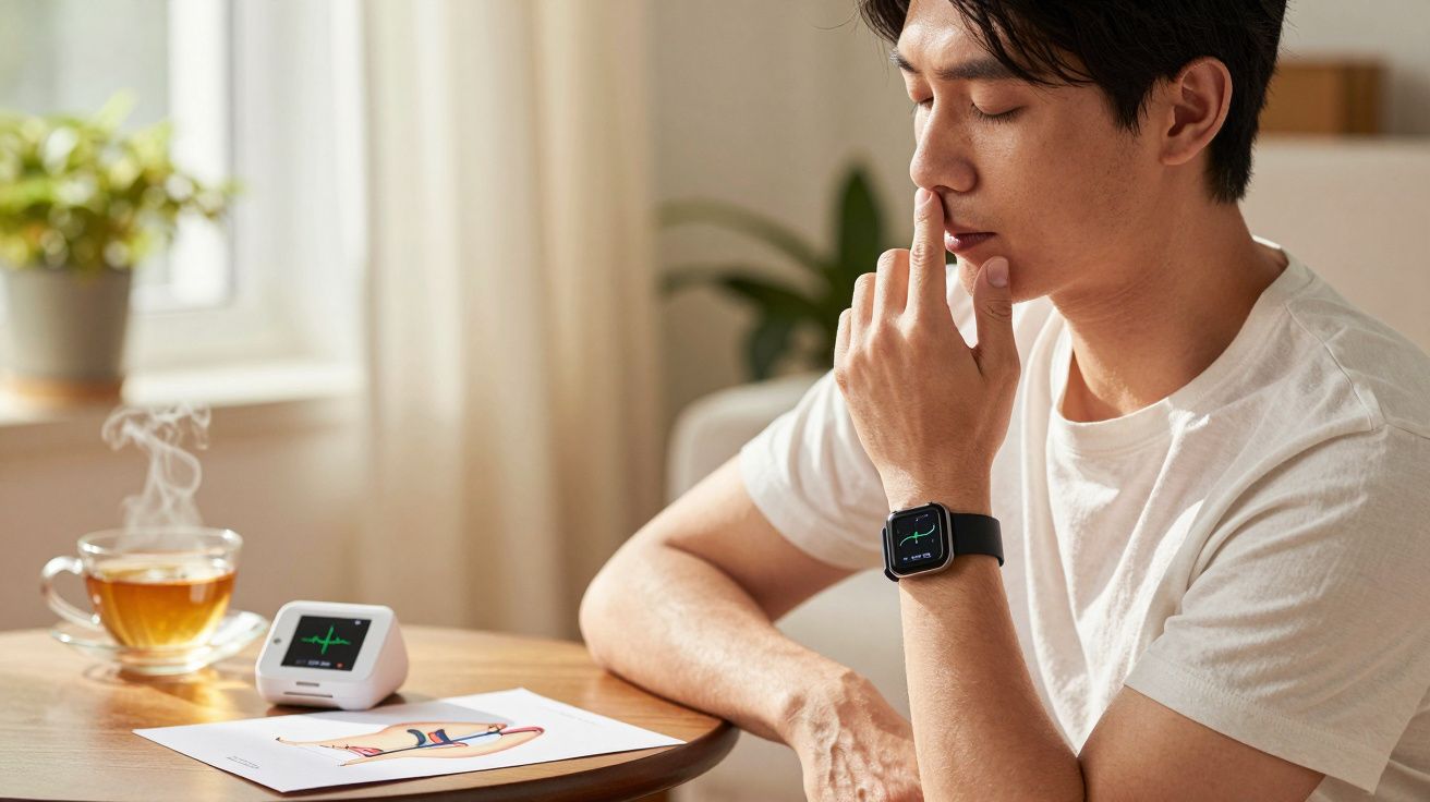 Homem sentado, concentrando-se, com smartwatch no pulso. Na mesa, chá e equipamento de monitorização de saúde.