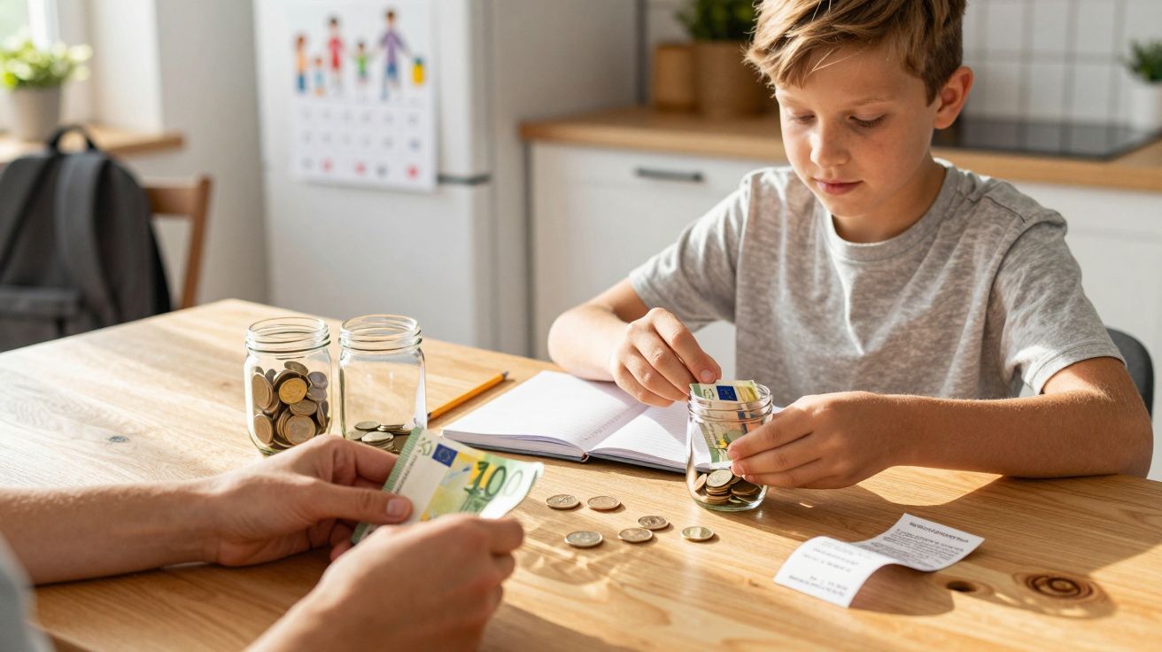 Rapaz a contar moedas numa cozinha, com cadernos, notas e frascos de vidro na mesa.