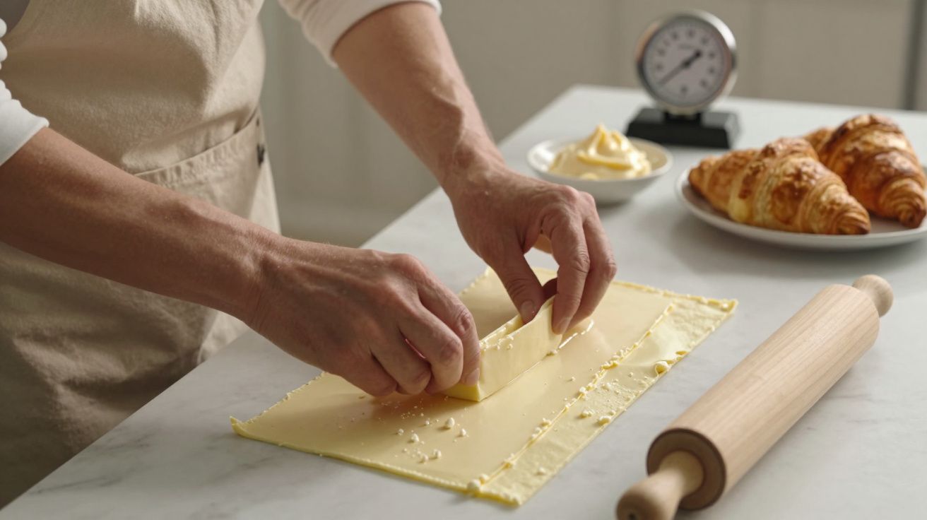 Pessoa a preparar massa folhada; croissants, manteiga e rolo de massa na mesa ao fundo.