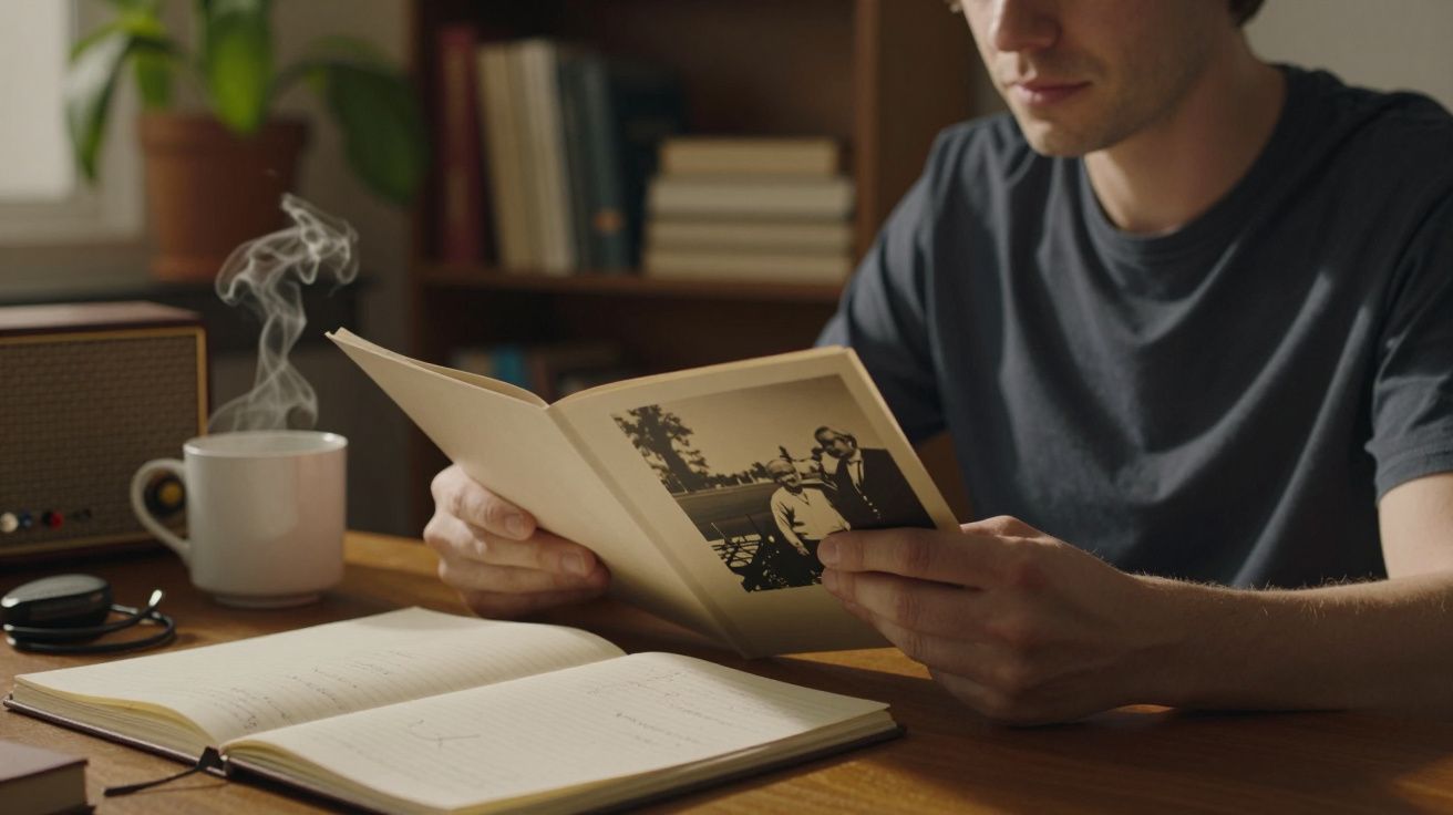 Homem lendo um cartão com foto retro à mesa com caderno aberto, caneca fumegante e rádio vintage ao fundo.