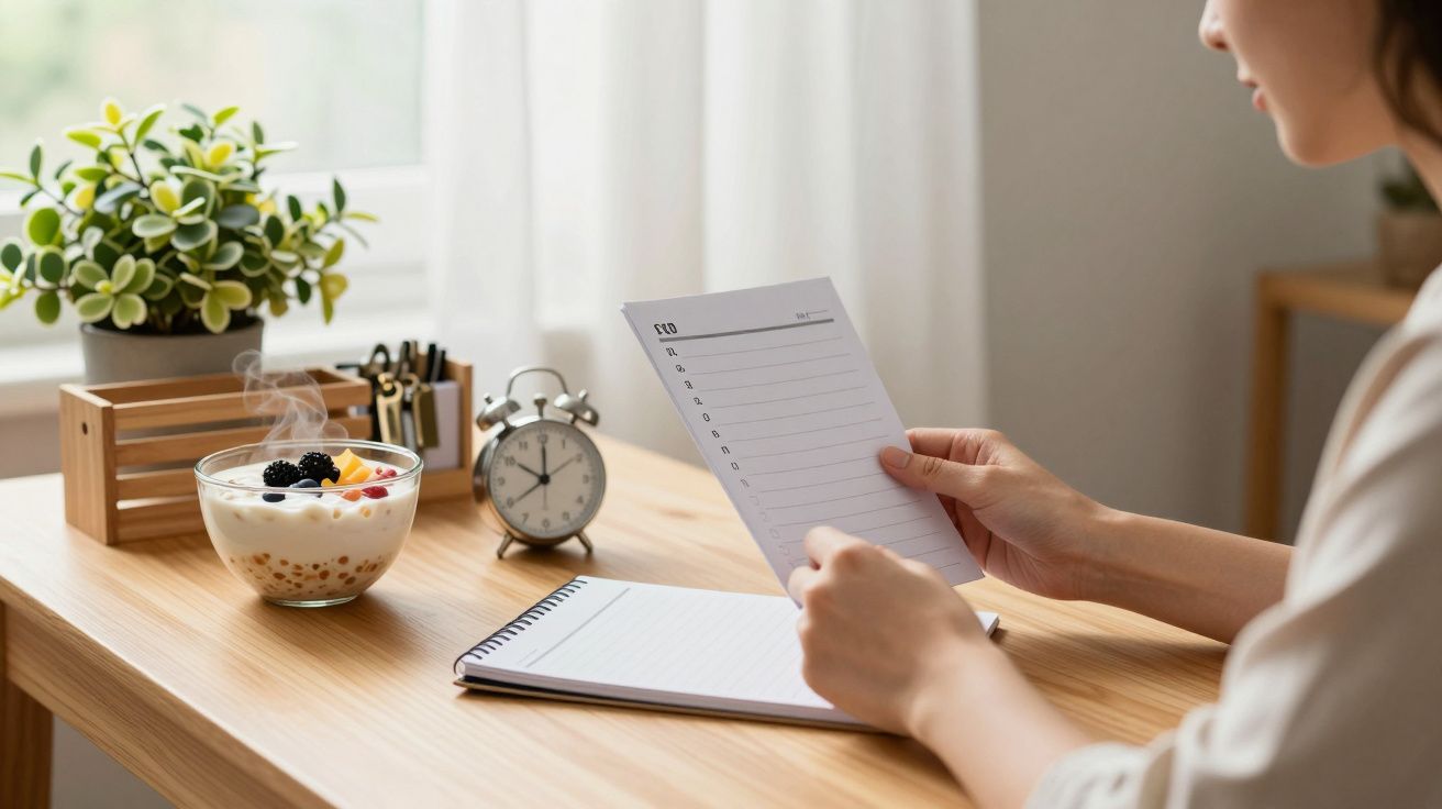 Mulher segurando lista de tarefas numa mesa com caderno, relógio, taça de iogurte e planta decorativa ao lado.